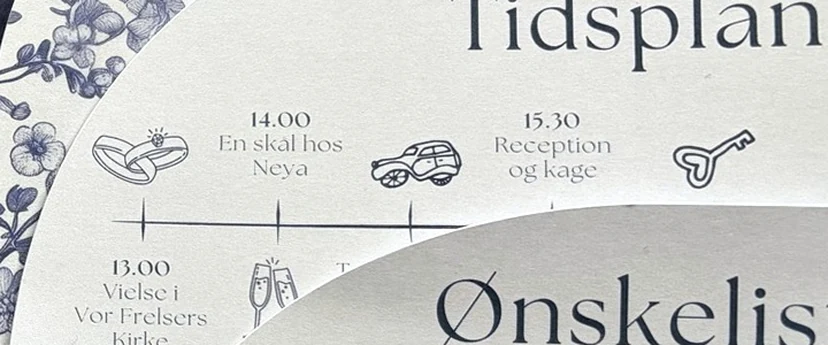 Tidsplanen fra indbydelsen: klokken 13 vielse i Vor Frelsers Kirke, klokken 14 en skål hos Neya, klokken 15.30 reception og kage.